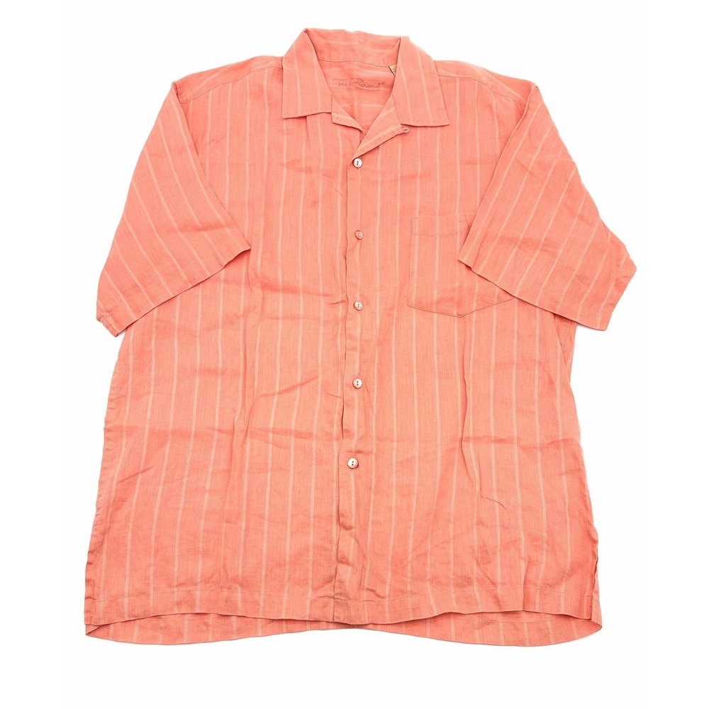 Tori Richard Button Up Mens L Coral 100% Linen Short Sleeve Shadow Stripe Shirt